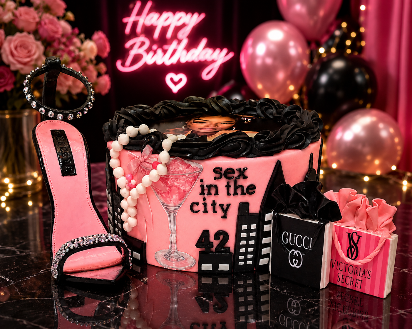 Pink and black Sex in the City themed birthday cake from Hudson Sweet Sensations